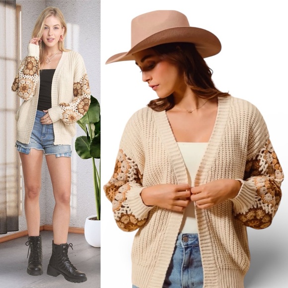 Adora Crochet Open Knit Cardigan Cream Patchwork Sleeves Size M New Without Tags - Picture 2 of 12